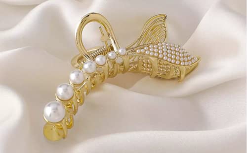 Large Hair Clips for Thick Hair - Pearl Fish Tail Claw Clips with Non-Slip Grip | Korean Trendy Hair Accessories for Women | Perfect for Updos, Ponytails & Everyday Styling (Pack of 1)