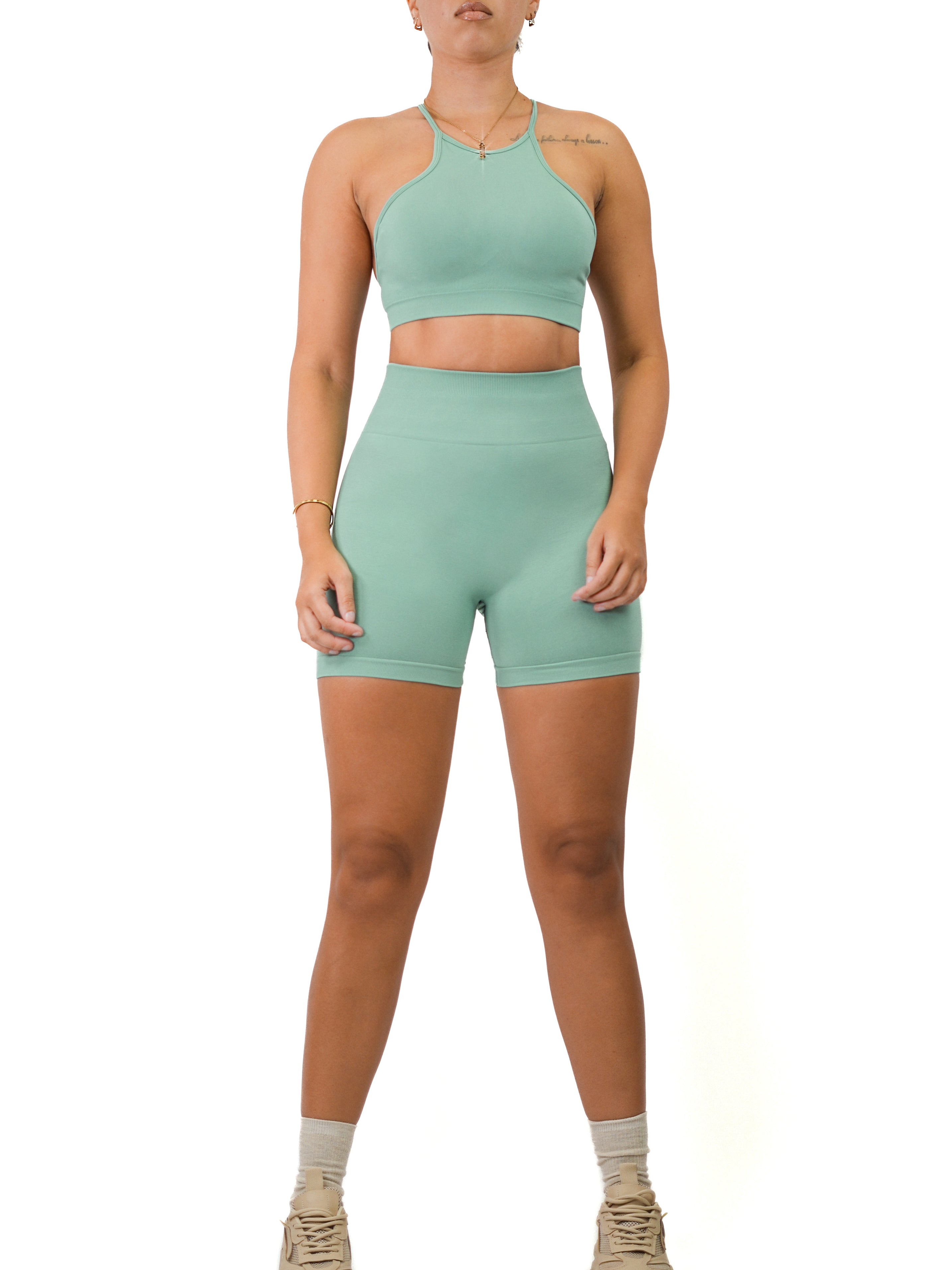 High Waist Sculpting Shorts for Women - Eucalyptus Green - Tummy Control & Butt Lifting Workout Shorts - Perfect for Yoga, Gym & Lounge Wear