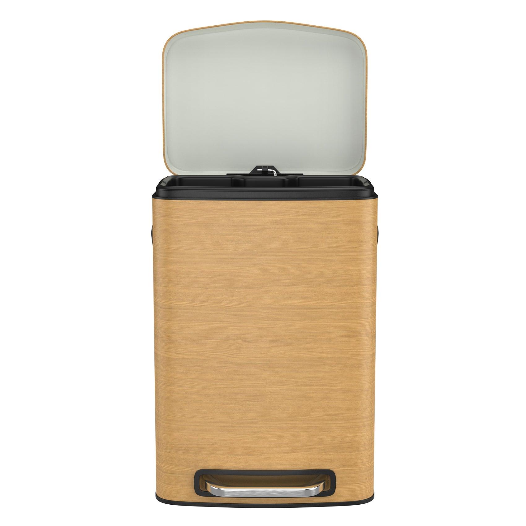 13 Gallon 50L Stainless Steel Rectangular Trash Can with Foot Pedal - Soft Close Lid, Wood Texture Design - Includes 30 Garbage Bags - Perfect for Kitchen, Office, or Bathroom Waste Disposal