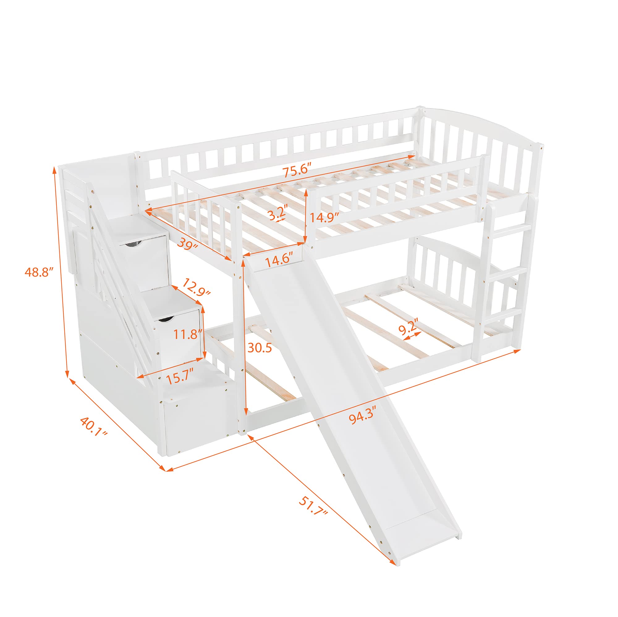 **Twin Over Twin Low Bunk Bed with Slide & Stairs - Solid Wood Kids Bunk Bed with Storage - White - Perfect for Toddlers, Boys & Girls - Ideal for Small Bedrooms & Shared Kids' Rooms**