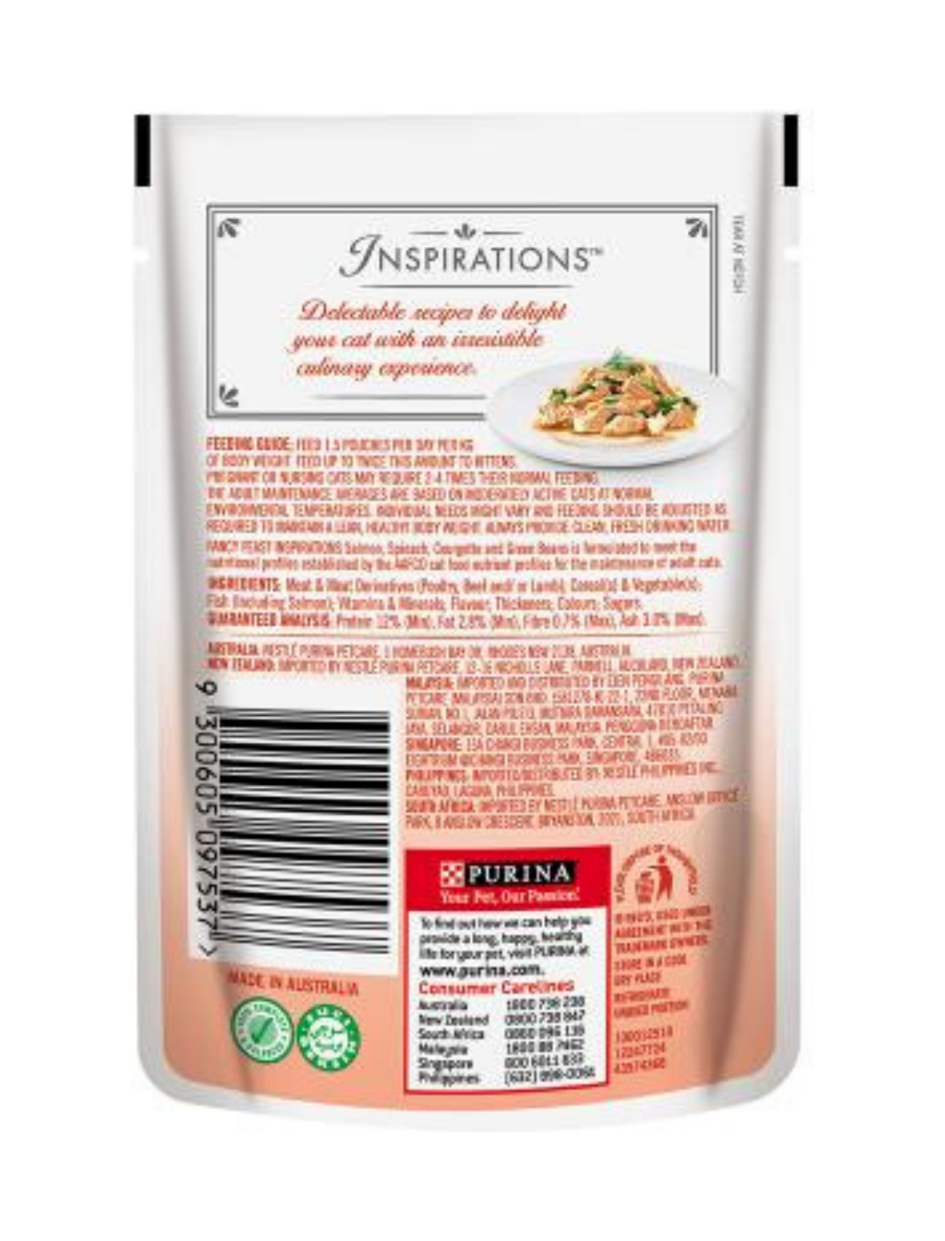 Fancy Feast Inspirations Salmon, Spinach, Zucchini & Green Beans Wet Cat Food Pouches - 70g (2.47oz) Grain-Free Gourmet Meal for Adult Cats - Perfect for Picky Eaters & Special Occasions