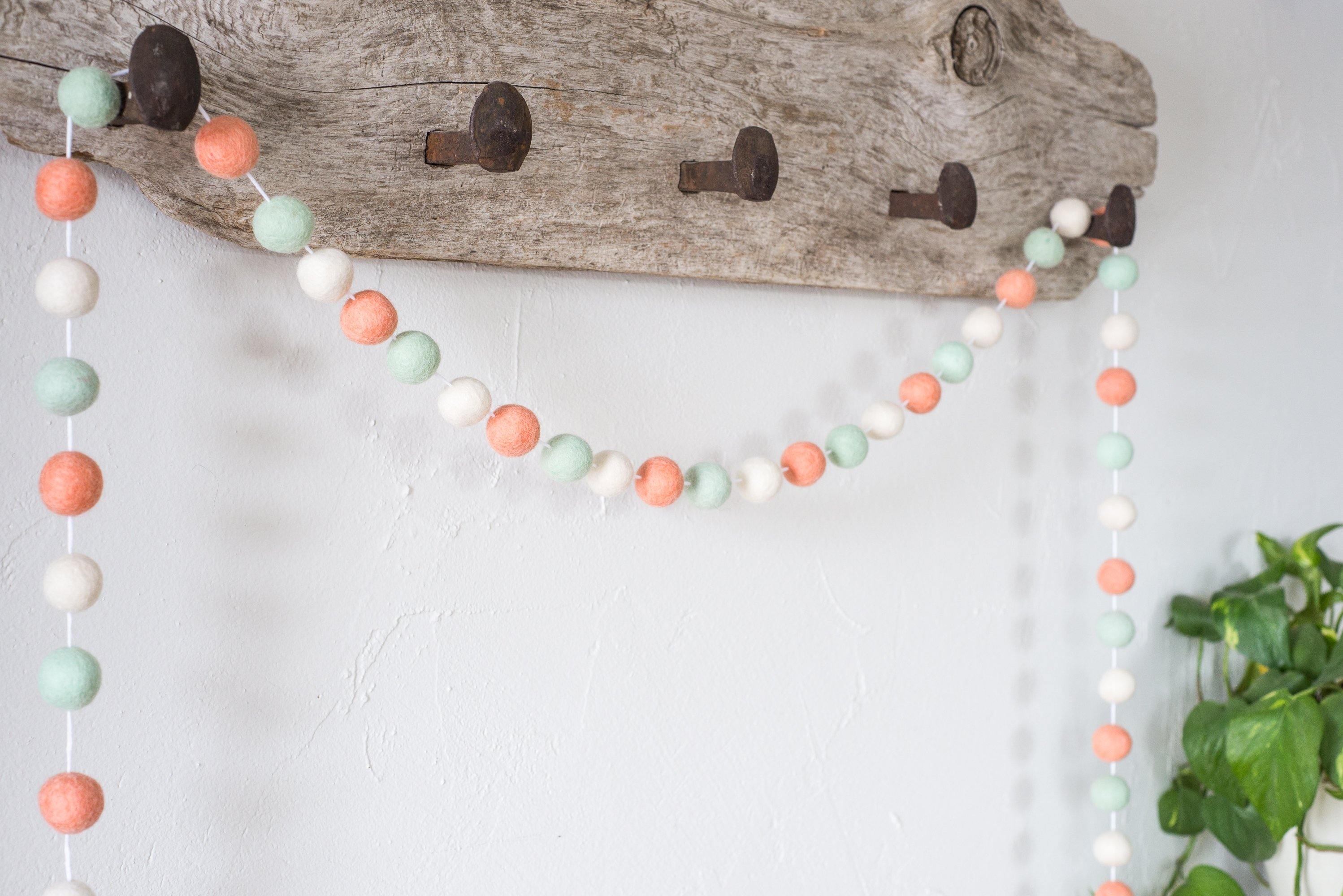Peach & Mint Felt Ball Garland - Handmade Wool Decoration for Nursery, Wedding, Party & Home Decor - Perfect for Baby Showers, Christmas Tree & Wall Hanging