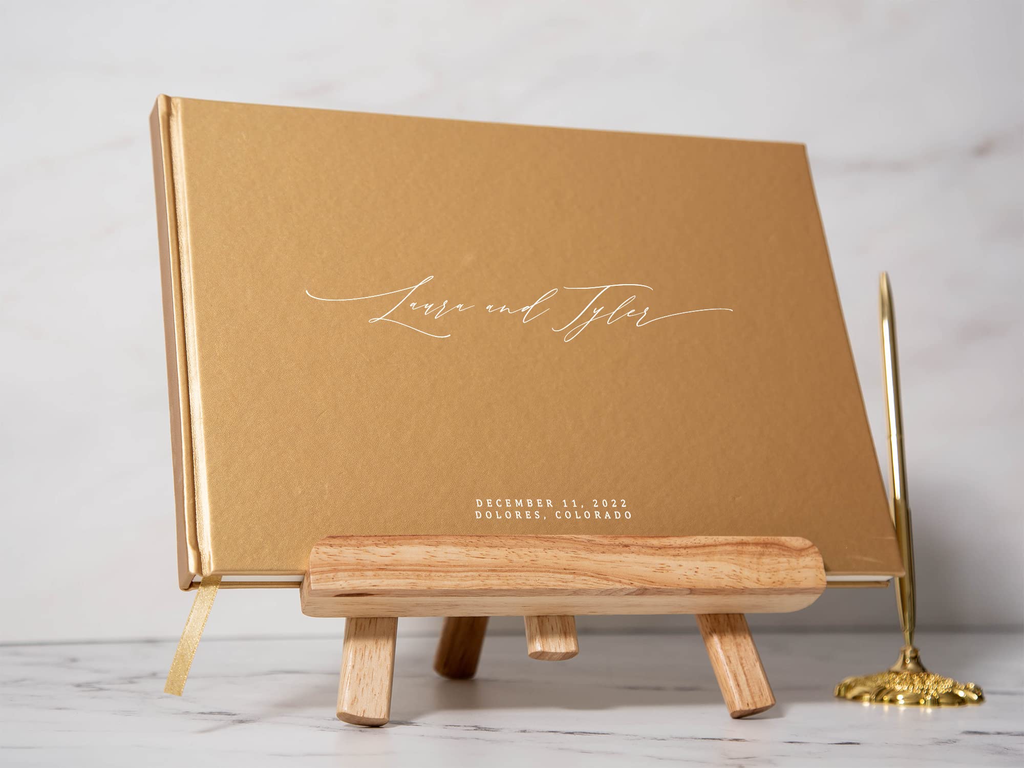 MUJEE Gold Guest Book - Custom Wedding Guestbook, Birthday Party Sign In Book, Event Memory Book with Bookmark & Blank Pages (11.5