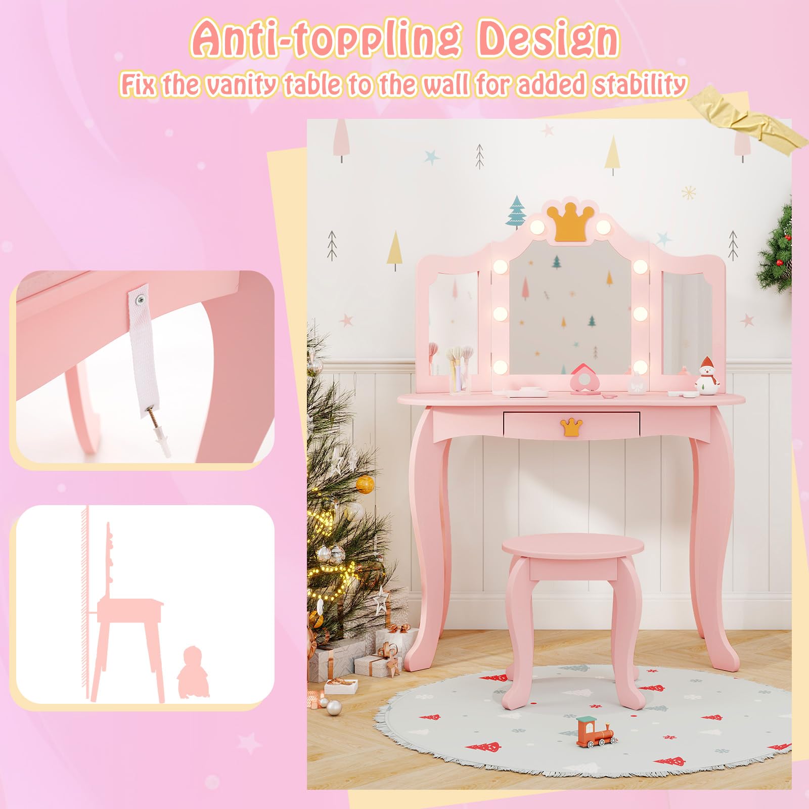 GLACER Pink Wooden Princess Makeup Vanity Set with Mirror, Stool & LED Lights - 2-in-1 Kids Vanity Desk with 3 Lighting Modes, Storage Drawer & Chair - Perfect for Bedroom Decor, Birthday Gifts & Pretend Play for Girls Ages 3-8