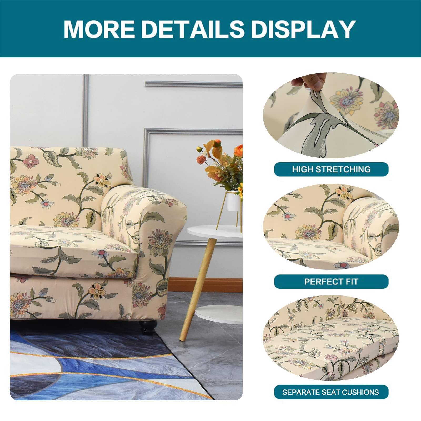 KRFOONN 4-Piece Stretch Sofa Cover Set for 3-Cushion Couches - Printed Washable Slipcovers with 3 Separate Seat Covers - Furniture Protector for Pets & Kids (Large, Sofa Style 05) - Perfect for Living Room, Family Room & Pet-Friendly Homes
