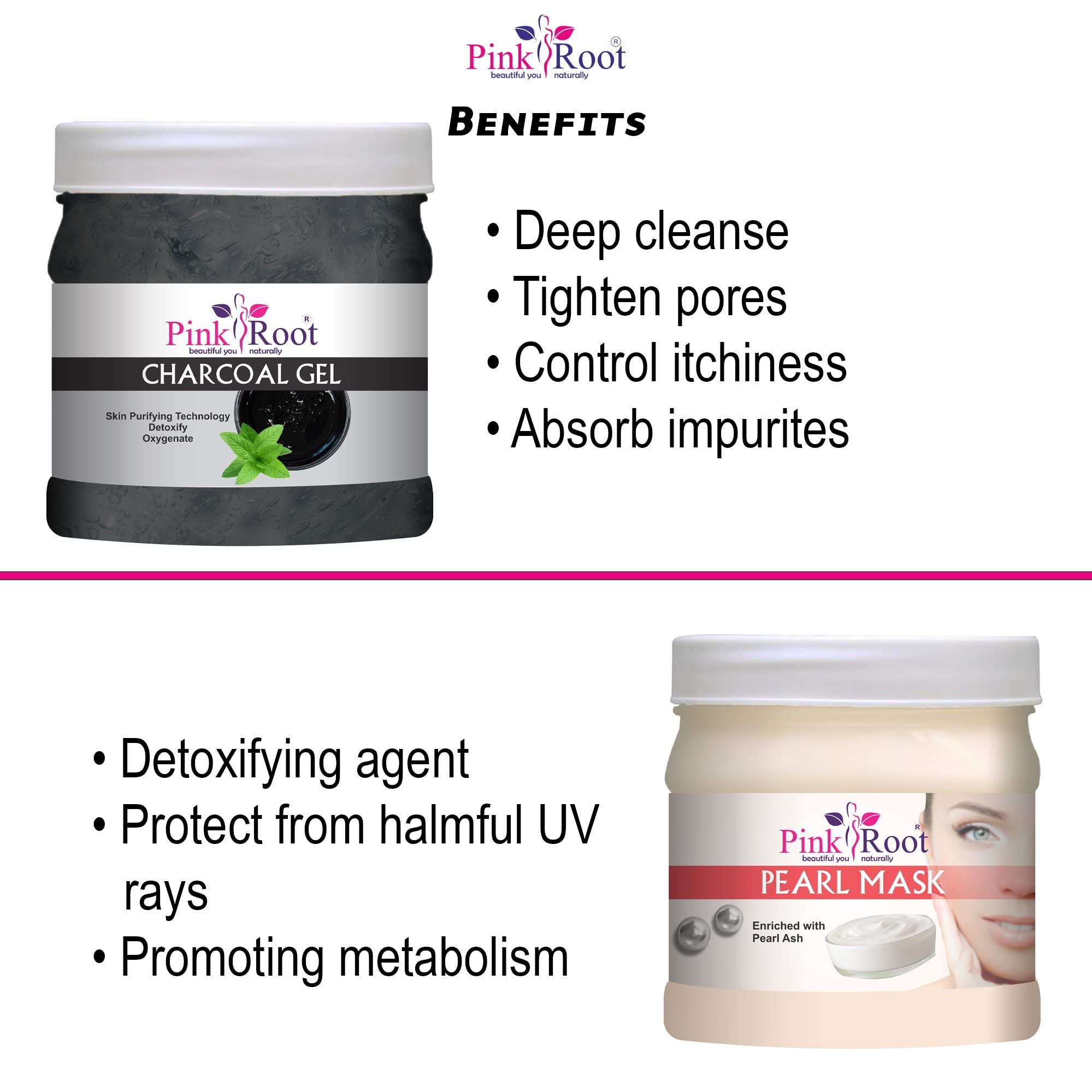 Pink Root Charcoal Gel 500g & Pearl Mask 500g Set - Deep Cleansing & Brightening Facial Treatment for Acne, Blackheads & Glowing Skin | Home Spa & Self-Care Routine