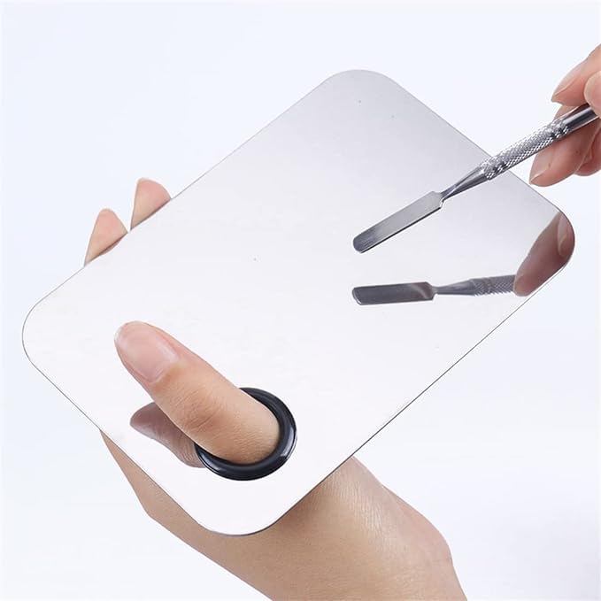 Shidara Stainless Steel Makeup Mixing Palette with Spatula - Professional Cosmetic Mixing Plate for Foundation, Eyeshadow, Eyelash & Nail Art | Silver | 1 Piece | Ideal for Makeup Artists & Beauty Enthusiasts