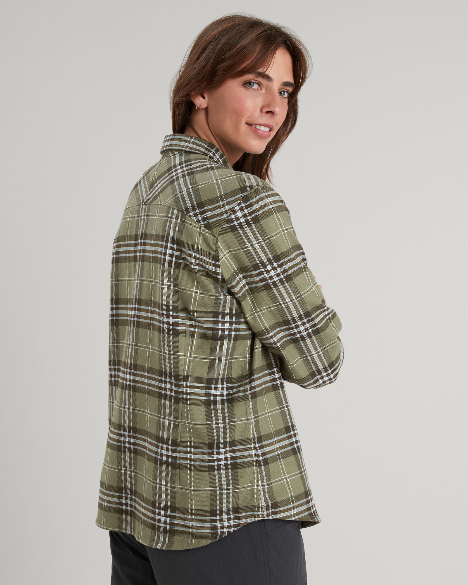 Carrillon Women's Long Sleeve Checkered Shirt - Beech & Dark Moss Plaid Flannel Top for Casual Wear & Outdoor Activities
