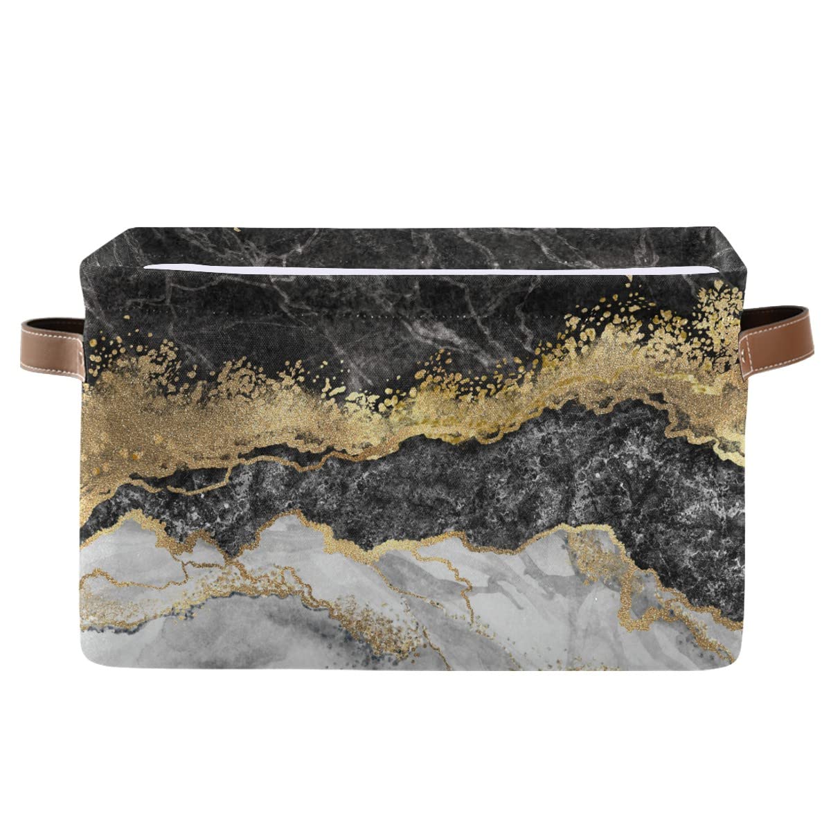 Gold Black Marble Square Storage Basket Set - 2 Pack Canvas Storage Bins for Home & Office Organization | Closet, Shelf & Desk Organizer | Perfect for Bedroom, Bathroom & Office Decor