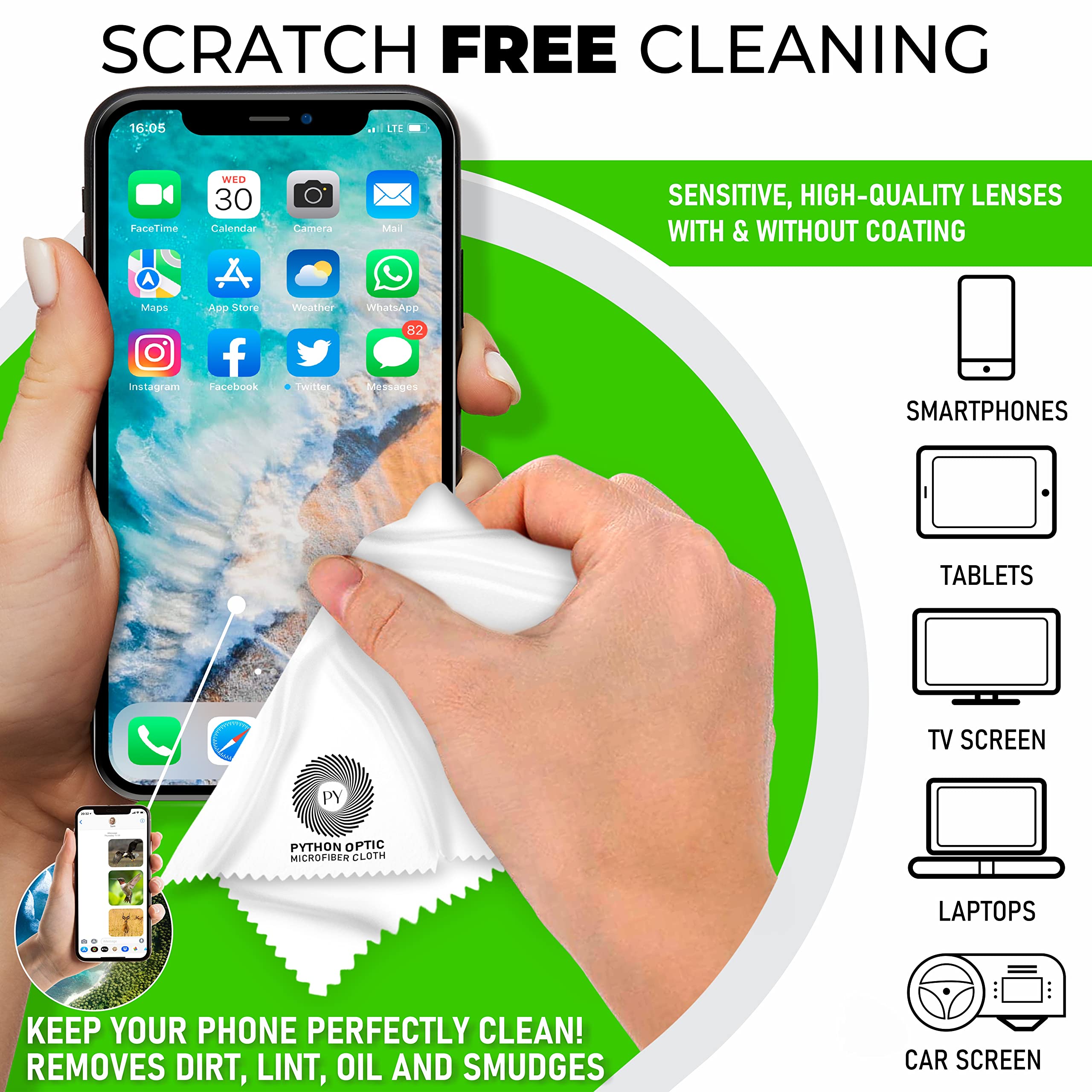 Premium Python OLED Microfiber Cleaning Cloth 12x16 Inch - Scratch-Free Lens & Glasses Cleaner for Apple Devices, TVs, Computers, Zeiss Lenses, Luxury Watches | Safe for Screens, Cameras, Eyewear & Delicate Optics | Perfect for Home, Office & Travel Use