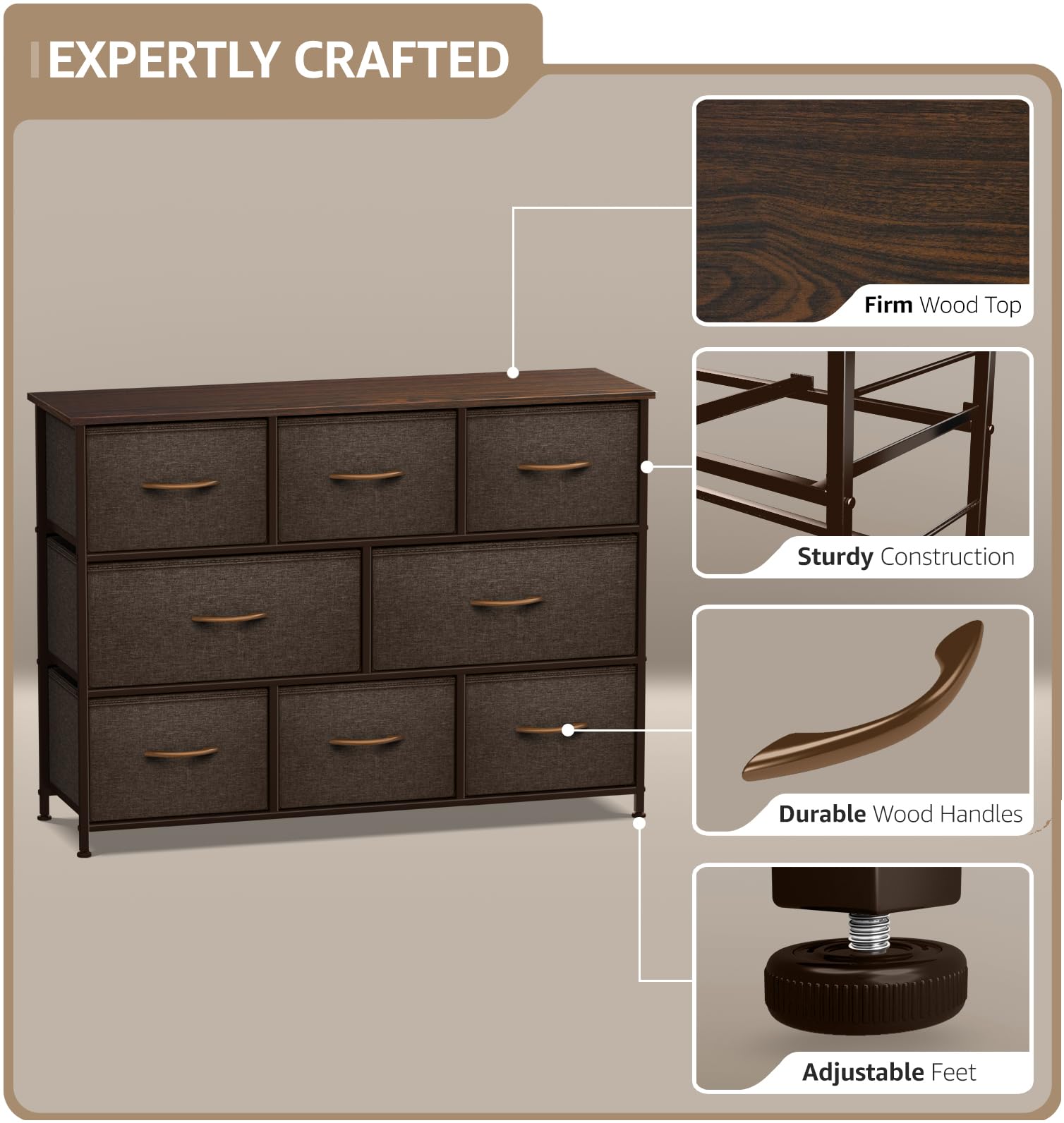 Sorbus 8-Drawer Dresser Organizer - Sturdy Steel Frame & Wood Top Chest with Easy-Pull Fabric Bins for Clothes Storage | Perfect for Bedroom, Hallway, Living Room, Nursery & Closet Organization | Space-Saving Storage Solution for Small Apartments & Dorm Rooms
