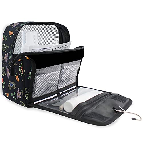 Berry Wildflower Butterfly Tropical Plant Hanging Toiletry Bag - Black Travel Makeup Organizer for Women | Portable Cosmetic Kit with Clear Pockets | Perfect for Camping, Gym & Vacation Trips