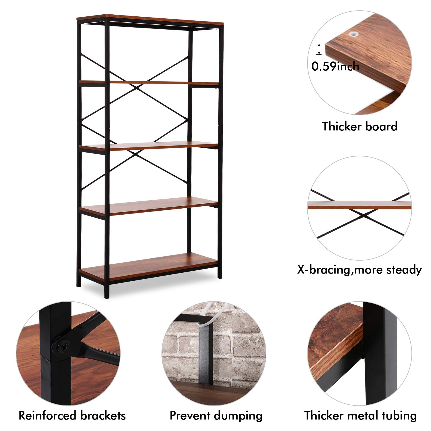 Modern Industrial 4-Tier Tall Bookcase - Open Wood & Metal Bookshelf for Home Office, Living Room, Bedroom - Wide Storage Shelf Unit for Books, Decor & Organizing