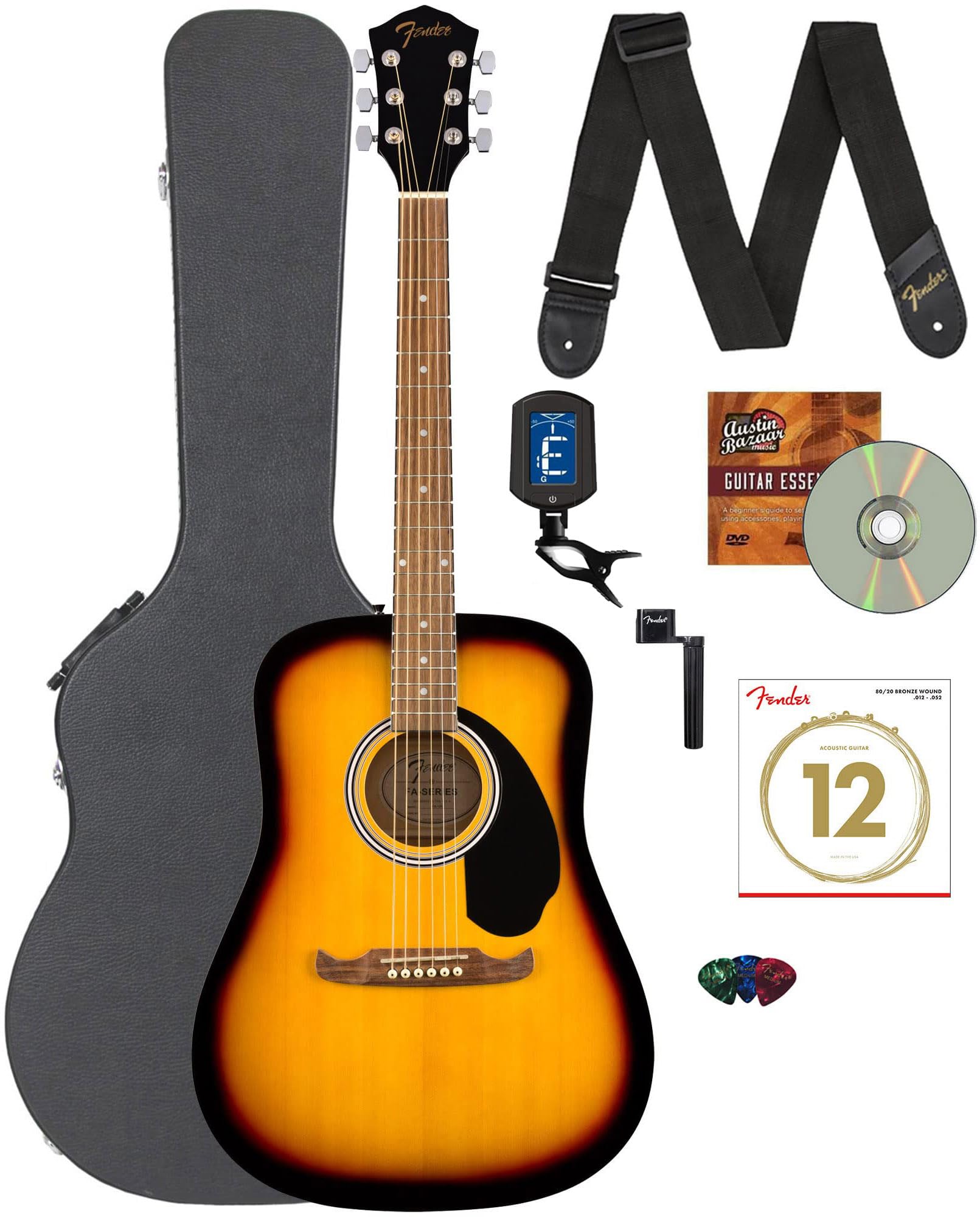 Fender FA-125 Dreadnought Acoustic Guitar Sunburst Bundle with Hard Case, Tuner, Strap, Strings, Picks & Instructional DVD - Perfect for Beginners, Campfires, Live Performances & Home Practice