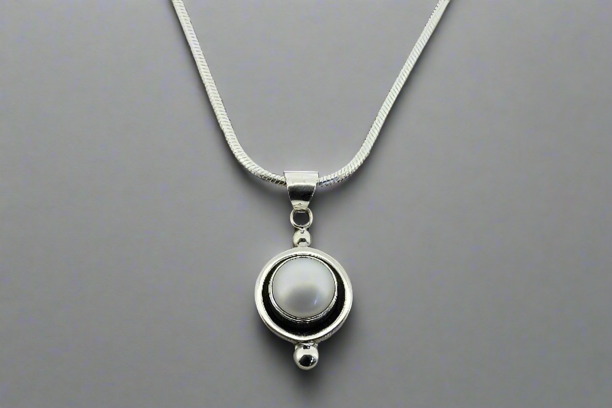Elegant Bezel Pearl & Oxidized Pendant Necklace with 55cm Snake Chain - Perfect for Weddings, Parties & Special Occasions