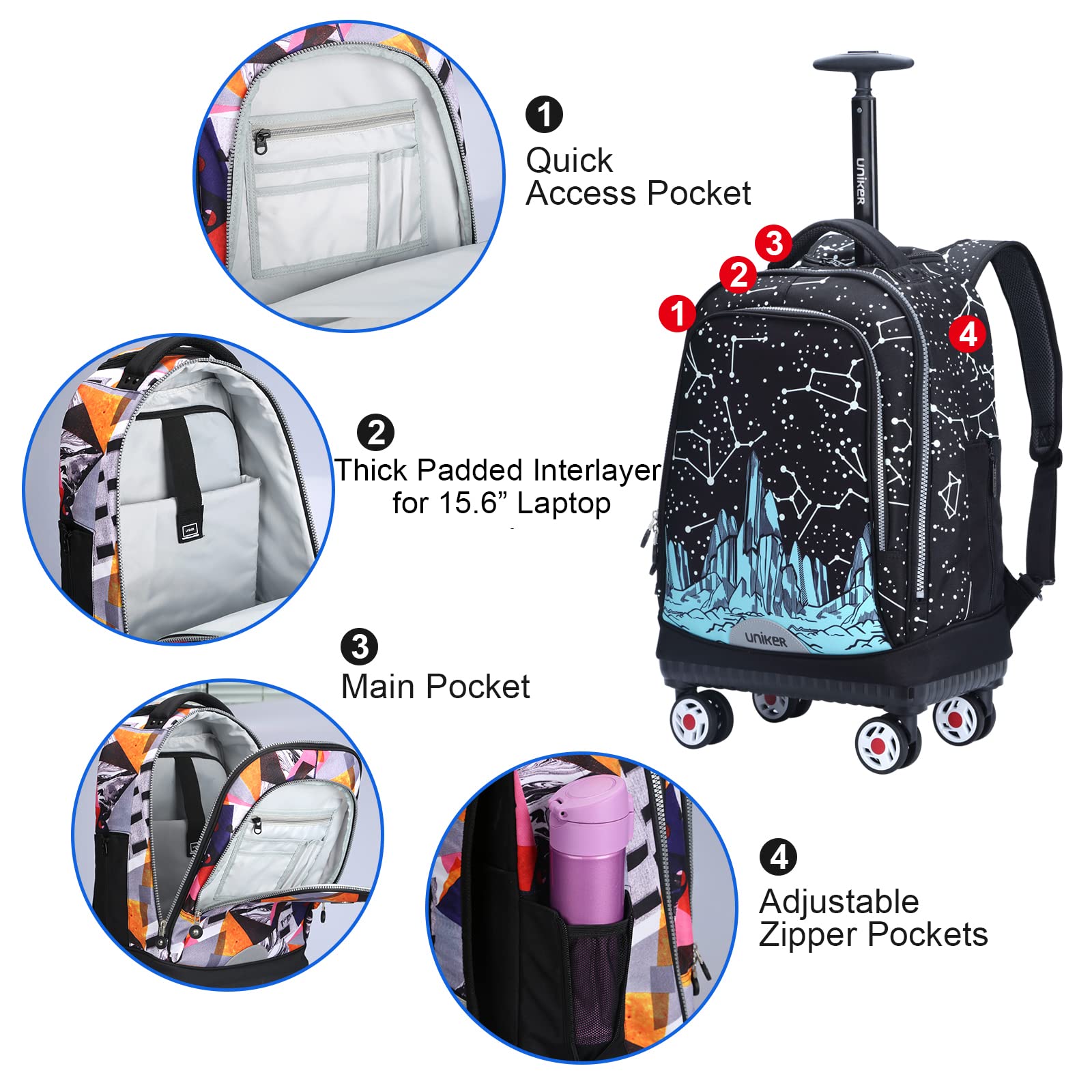 UNIKER Rolling Backpack with Wheels - Travel Laptop Backpack for Women & Men, Wheeled Carry-On Bag Fits 15.6 Inch Notebook - Perfect for Airplane, Commute & Business Trips