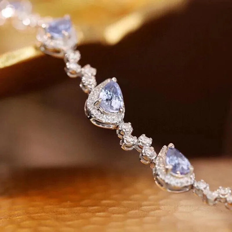 18K Solid White Gold Blue Sapphire & Diamond Bracelet for Women - Elegant Fairy Design, Perfect for High-Class Banquets & Special Occasions