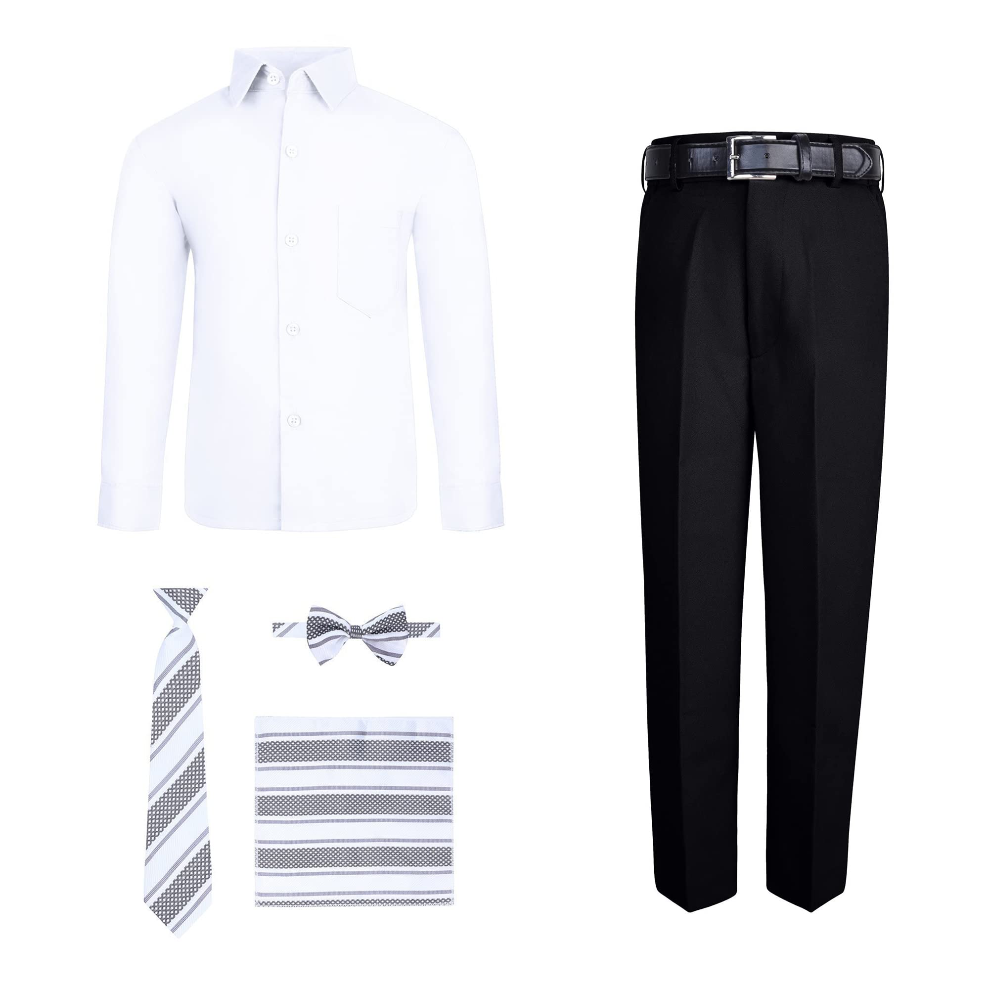 S.H. Churchill & Co. Boys' 6-Piece Formal Dress Set - White Shirt & Black Comfort Waist Pants with Tie, Bow Tie, Handkerchief & Belt - Size 7 - Perfect for Weddings, Church, School Photos & Special Occasions