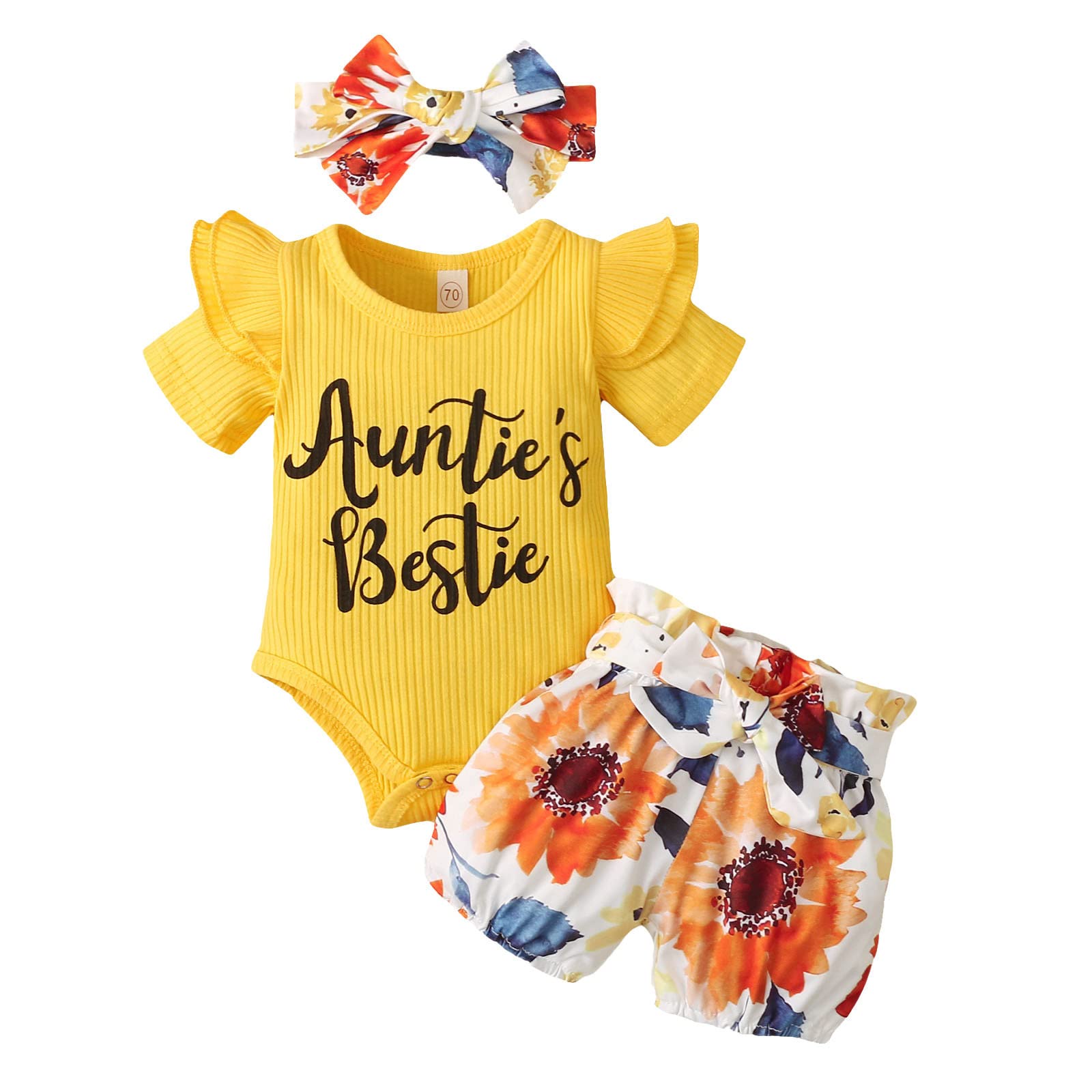 Baby Girls Short Sleeve Letter Print Ribbed Romper Bodysuit with Floral Shorts & Headband - Newborn Outfits for Infants & Toddlers - Perfect for Playdates, Photo Shoots & Everyday Wear