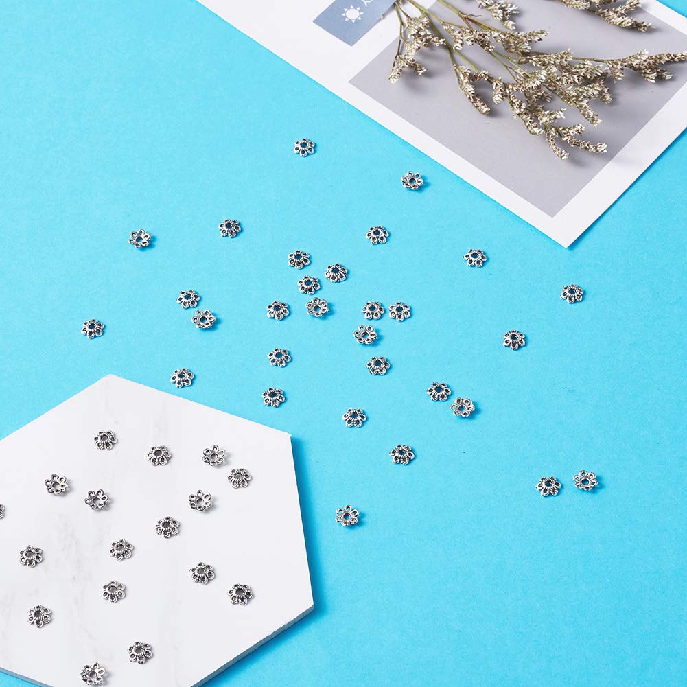 Pandahall 100pcs Tibetan Silver Hollow Flower Bead Caps 6mm Filigree Petal Spacers, Floral End Caps Bali Style Jewelry Findings for Necklace Bracelet DIY Craft Supplies, 2mm Hole, Perfect for Boho Wedding Bridal Jewelry Making
