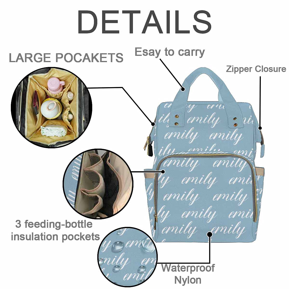 **Personalized Monogram Diaper Backpack - Custom Name Baby Diaper Bag for Boys & Girls, Waterproof Multifunctional Travel Daypack - Perfect Gift for New Moms (Baby Shower, Travel, Park Outings, Daily Use)**
