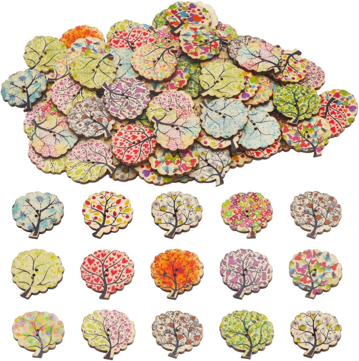 AKOAK 50 Pcs Natural Wood Buttons - 2-Hole DIY Craft Buttons with Tree, Heart & Flower Designs for Sewing, Scrapbooking, Home Decor - Perfect for DIY Projects, Gift Wrapping & Handmade Cards