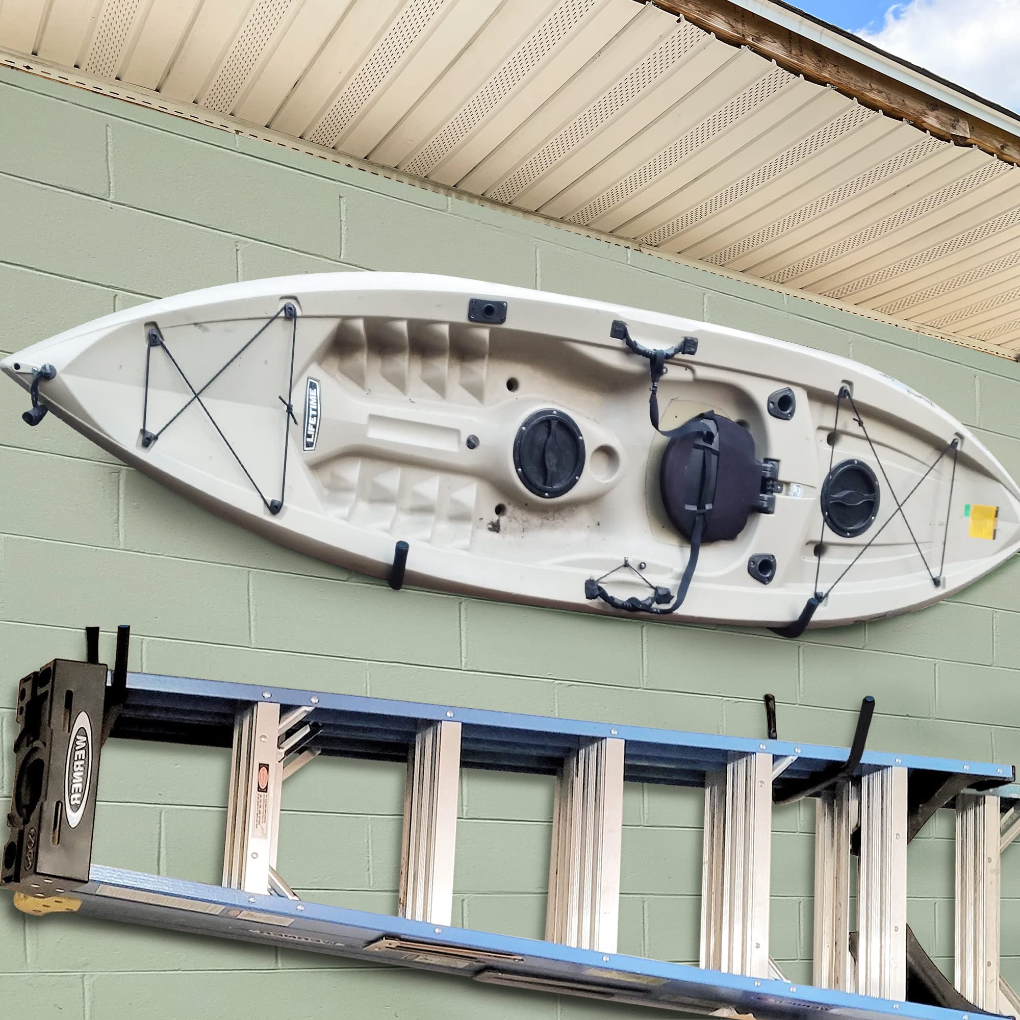 WMK Kayak Storage Racks - 4 Pack Wall Mounted Canoe & Kayak Hooks for Garage, Shed or Outdoor Organization - Heavy Duty Hangers for Surfboards, Paddle Boards, Snowboards, Ladders & Bikes - Perfect for Water Sports Equipment Storage & Garage Organization