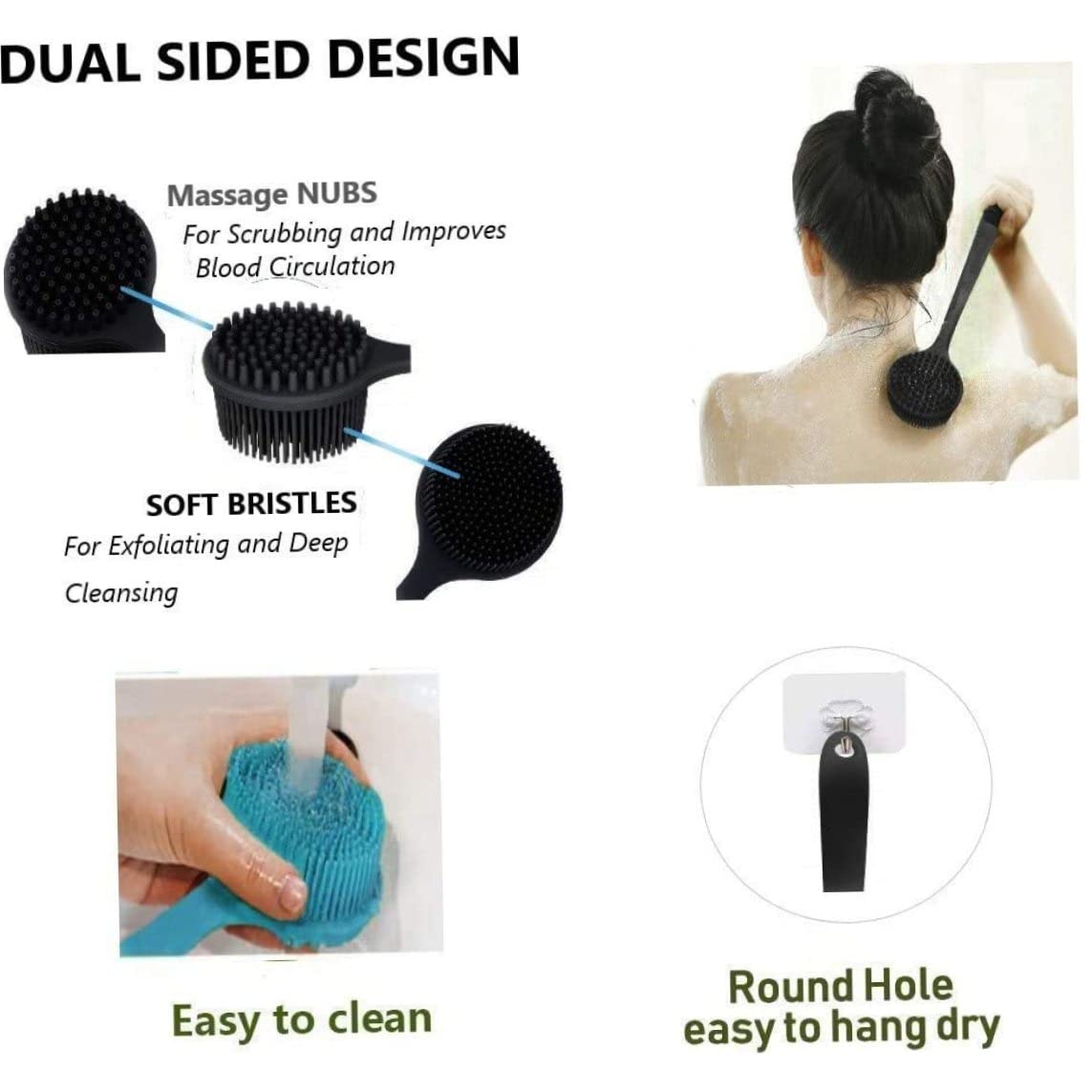 Long Handle Silicone Body Scrubber & Back Brush - Exfoliating Shower Brush with Soft Bristles for Deep Cleansing - Perfect for Hard-to-Reach Areas & Spa-Like Exfoliation at Home