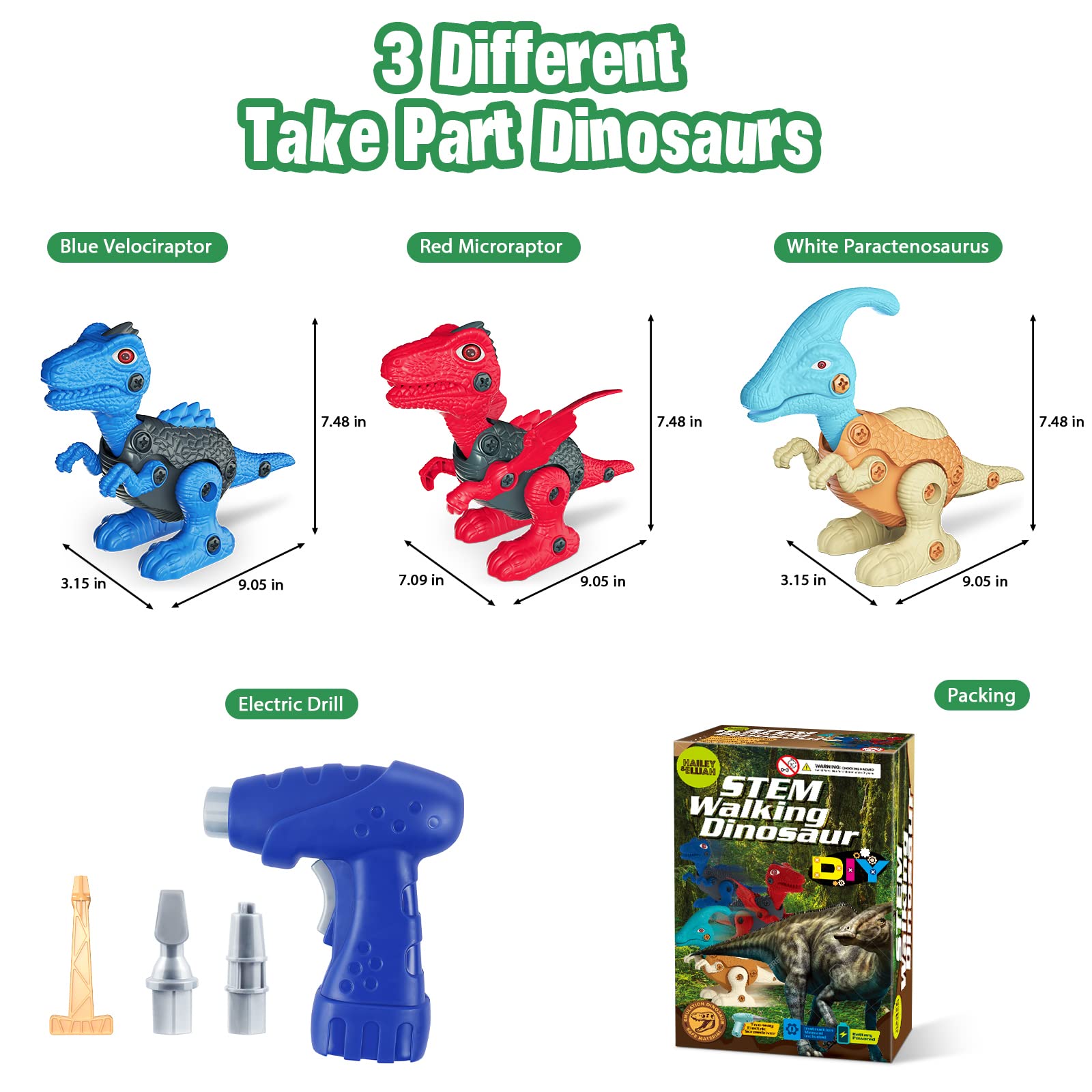 STEM Electric Drill Dinosaur Building Toys for Kids Ages 6-9 - Take Apart Construction Set with LED Lights & Walking Action - Educational Birthday Party Gifts for Boys (Perfect for STEM Learning, Creative Play & Dinosaur-Themed Parties)