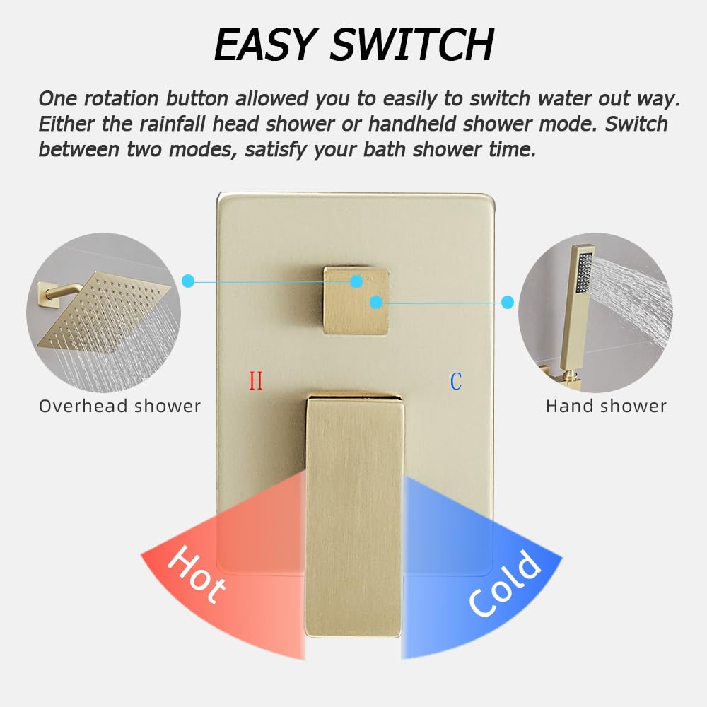 Brushed Gold Shower System - 8 Inch High Pressure Rainfall Showerhead with Handheld Sprayer | Wall Mount Bathroom Faucet Set with Rough-in Valve & Trim Kit | Perfect for Modern Master Bathrooms & Spa-Like Showers