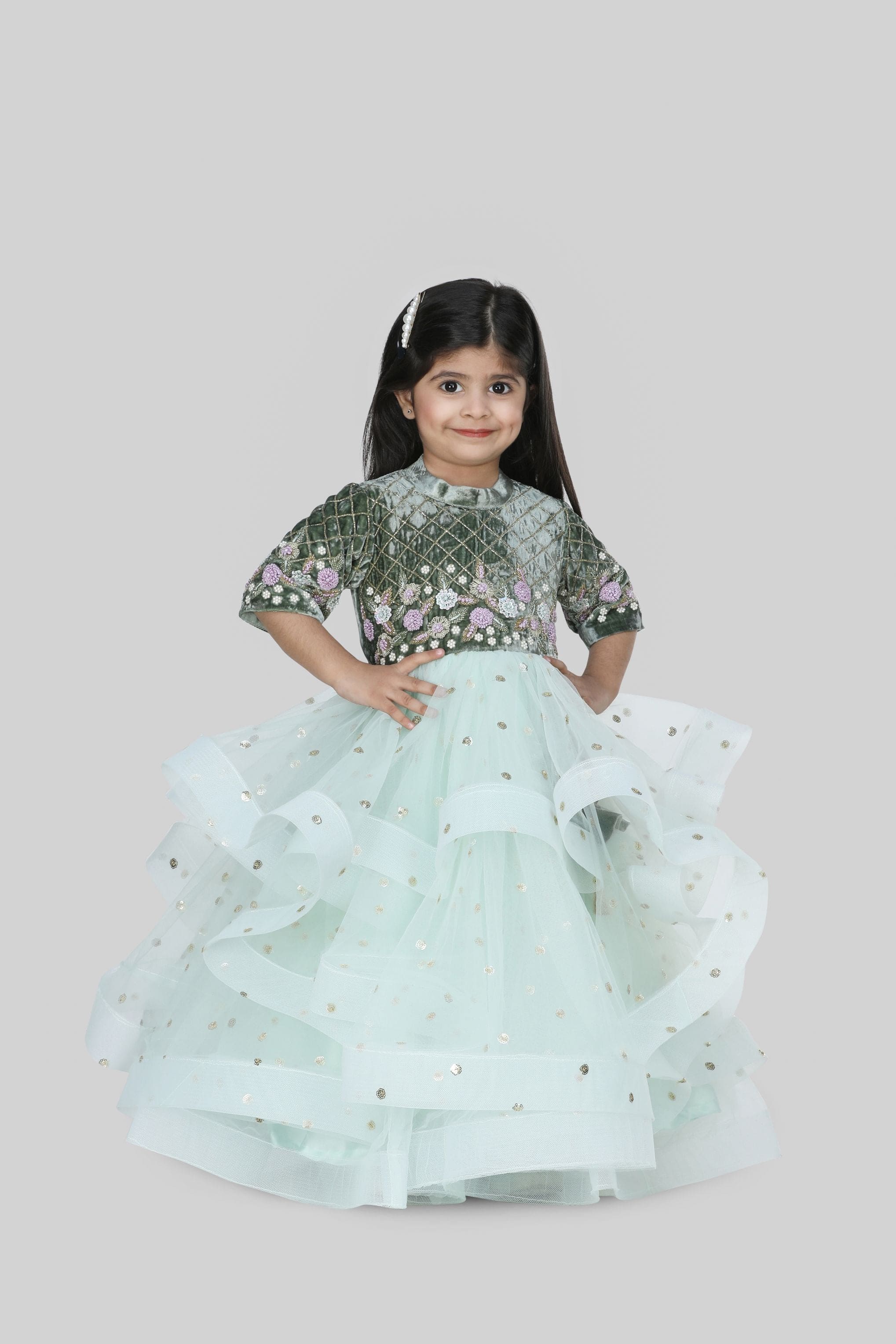 Pre Order: Green Velvet Embroidered Top with Sequin Net Anarkali - Elegant Party Wear for Weddings, Festivals & Special Occasions