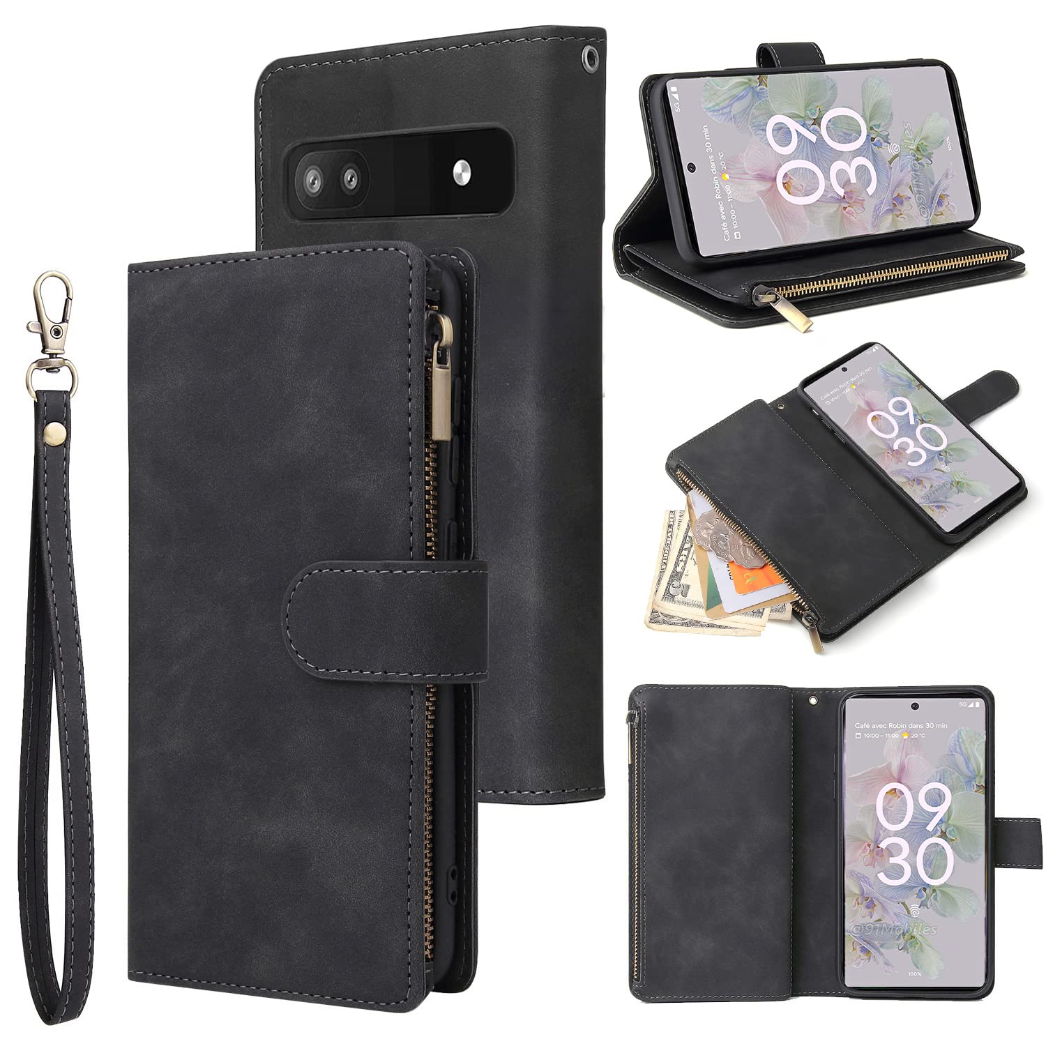 Google Pixel 7 Pro Magnetic Wallet Case - Premium Leather Flip Cover with 6 Card Slots, Hand Strap & Zipper Pocket | Shockproof Stand Case for Men & Women (Black) | Perfect for Daily Commute, Travel & Business Use