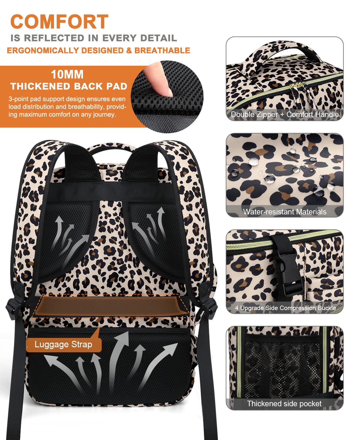 Capolo Waterproof Travel Backpack for Women & Men - Flight Approved Carry On Backpack with Laptop Compartment (Fits 15.6 Inch Laptop) - Durable Leopard Print College Bookbag for Business, Work & Weekend Trips - Perfect for Commuting, Air Travel & Daily Office Use
