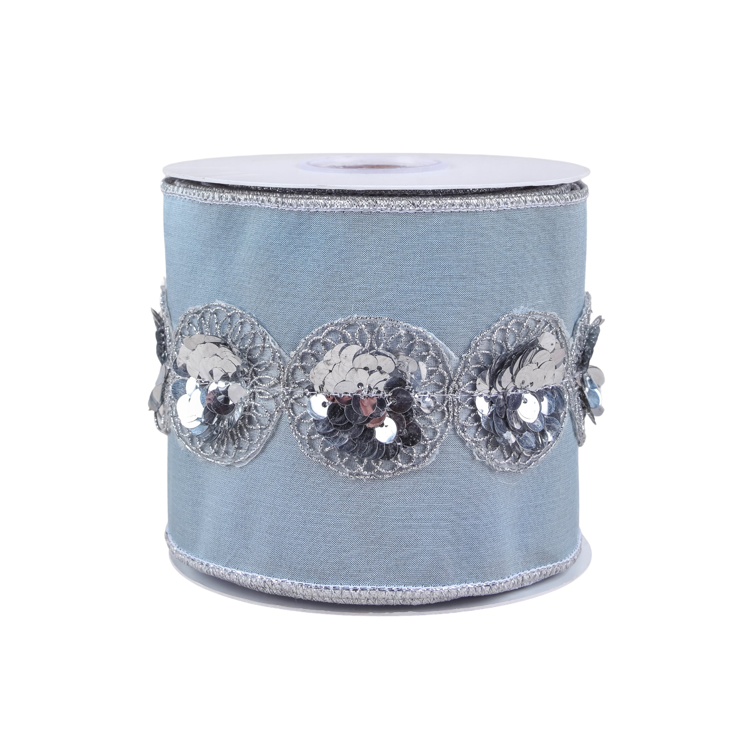 4 Inch HGTV Home Collection Sequin Beaded Taffeta Ribbon - Blue Decorative Trim for DIY Crafts, Gift Wrapping & Home Decor