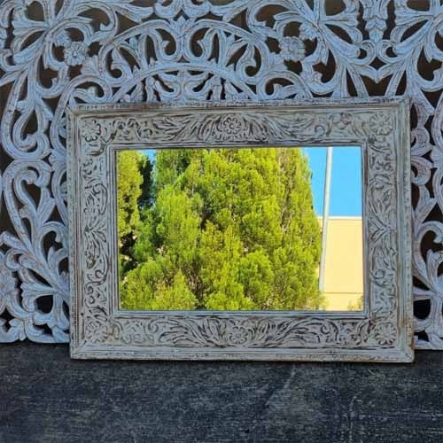 Hand Carved Indian Solid Wood Wall Mirror with Floral Pattern - White Wash 80x60cm - Elegant Home Decor for Living Room, Bedroom & Entryway