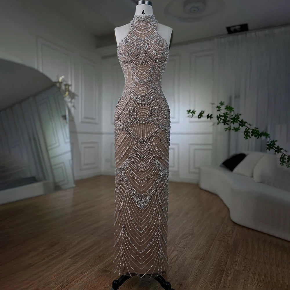 Elegant Silver Nude Halter Sleeveless Pearls Beaded Mermaid Evening Gown for Women - 2025 Formal Party Dress LA72091 | Perfect for Prom, Gala, Wedding & Special Occasions