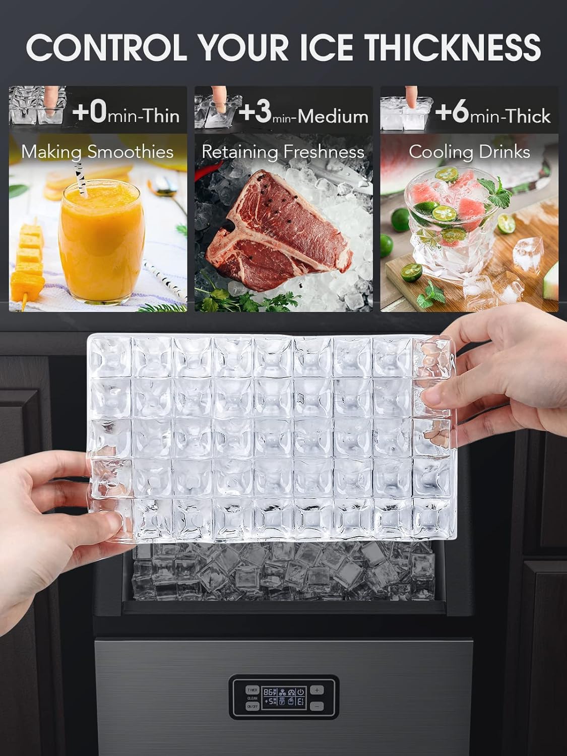 Commercial Ice Maker Machine 100 lbs/Day - Under Counter Ice Machine with 24H Timer & Ice Thickness Control - Self-Cleaning Stainless Steel Ice Maker for Bars, Restaurants, Cafes & Home Use - Perfect for Cocktails, Iced Coffee & Beverage Service