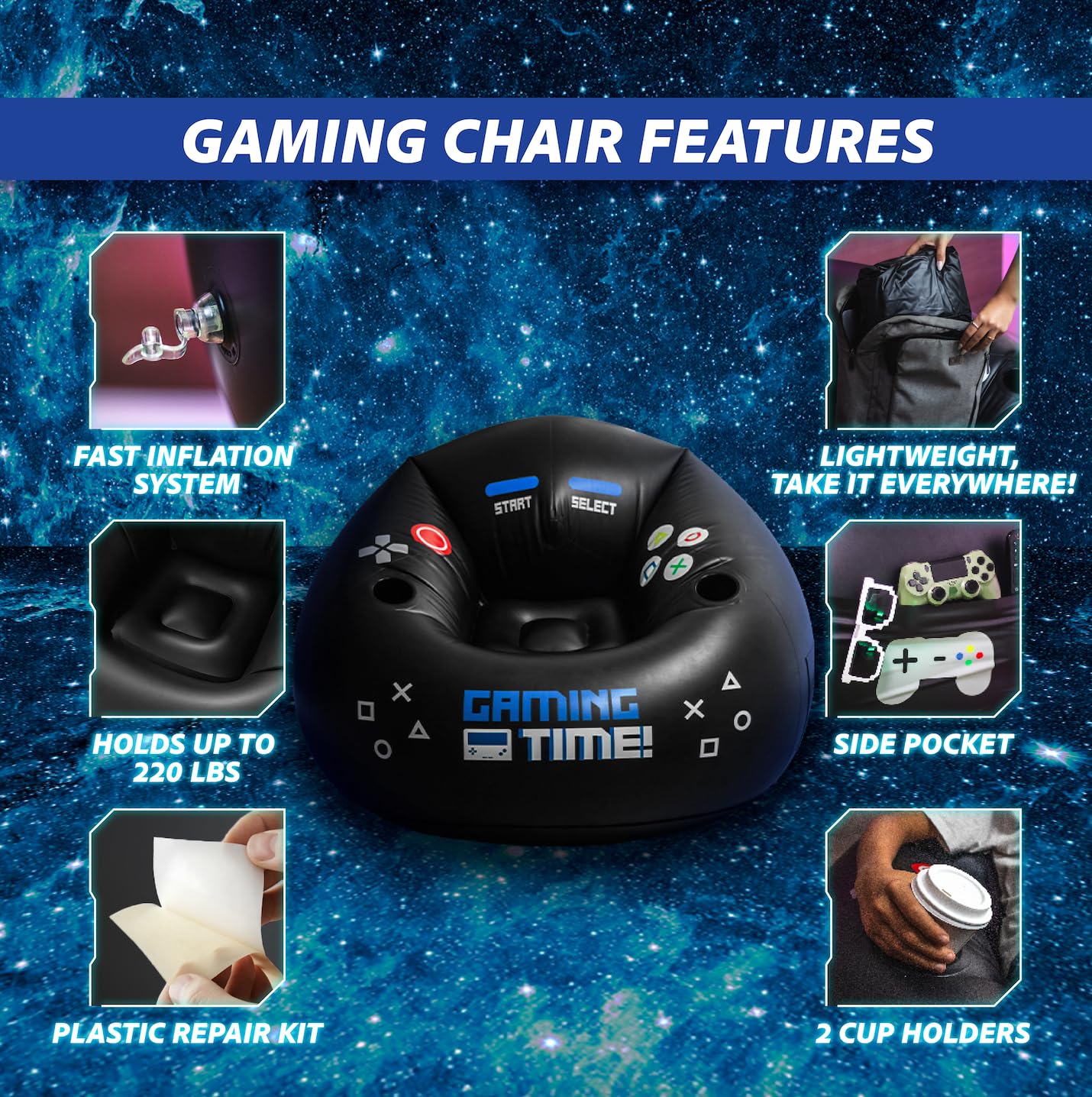 Inflatable Gaming Chair for Kids & Teens - Portable Bean Bag Chair with Cup Holders & Side Pocket - Comfortable Video Game Seat for Bedroom & Game Room Decor - Perfect for Gaming, Movie Nights & Relaxation