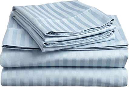 Premium 400 Thread Count Combed Cotton Bedsheet Set with Pillowcases - Super Soft Sateen Stripe Split King Size in Light Blue - Luxury Bedding for Master Bedroom, Guest Room & Hotel Use