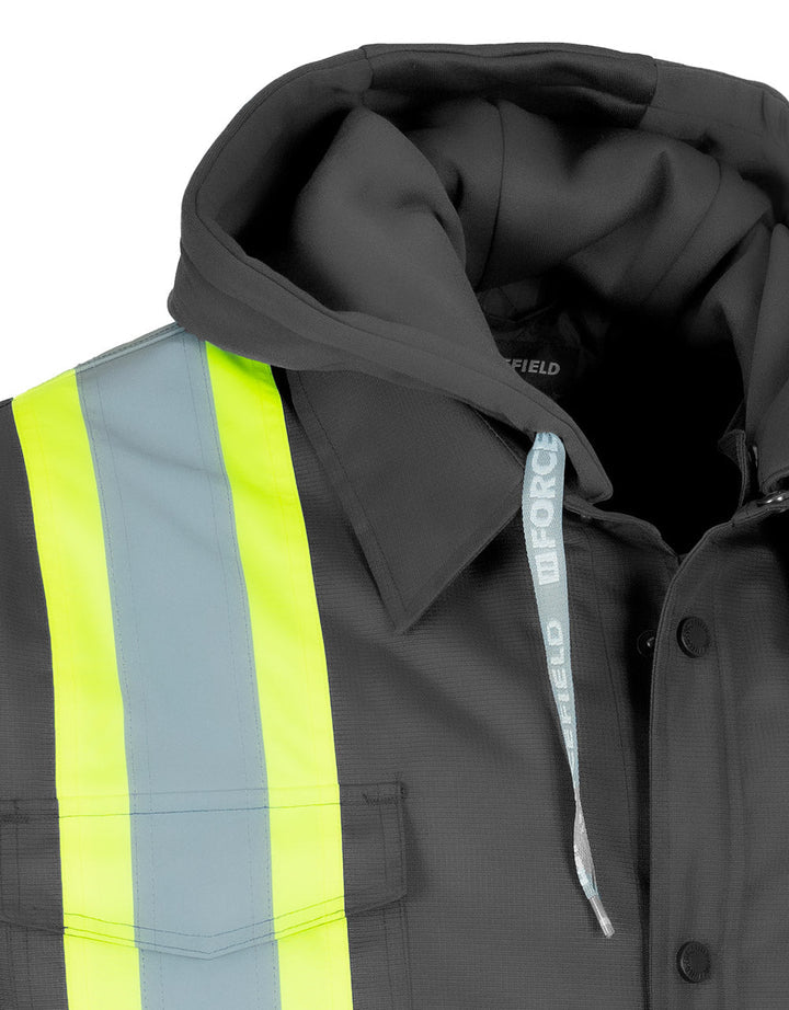 Forcefield Hi-Vis Hoodie Shacket with Detachable Hood - Reflective Safety Workwear for Construction & Outdoor Activities | OSHA Compliant Work Jacket for Men & Women