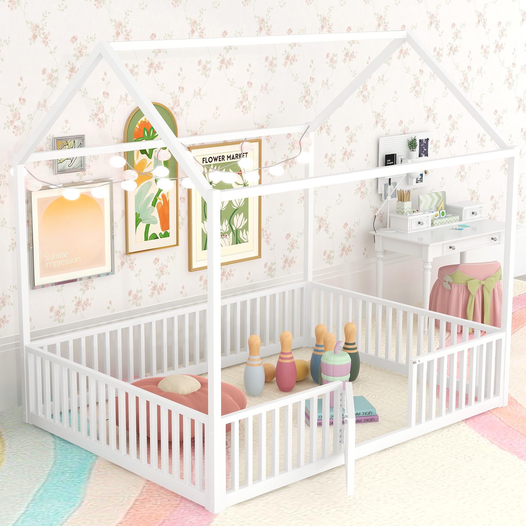 White Full Size Montessori Floor Bed Frame with Door & High Fence - Safe Kids House Bed for Boys & Girls | Perfect for Toddler Rooms, Daycare Centers & Montessori Classrooms