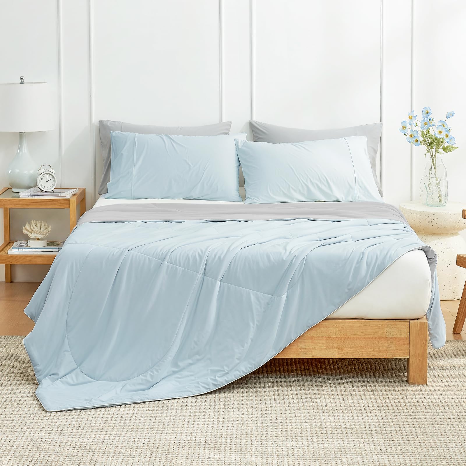 Cooling Comforter Twin Size - Breathable Lightweight Summer Blanket for Hot Sleepers & Night Sweats | Gray Blue Silk Smooth Bedding | Perfect for Warm Weather & Air-Conditioned Rooms