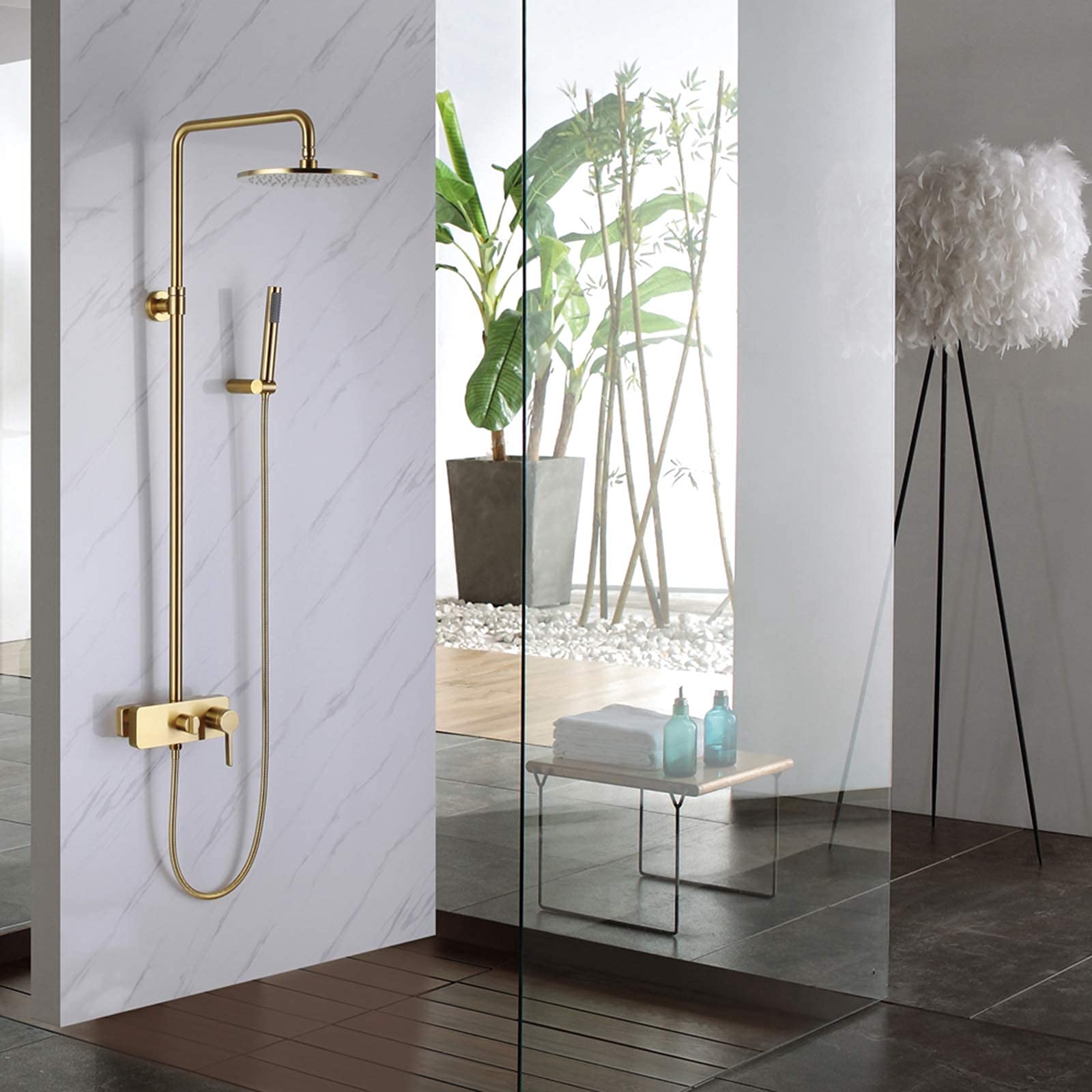 LUNEZY 10 Inch Brushed Gold Wall Mounted Shower Faucet Set - Rainfall Shower Head, Handheld Shower & Bathtub Faucet - Luxury Bathroom Fixtures for Modern & Spa-Like Showers