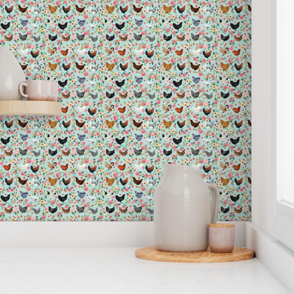 Peel & Stick Removable Wallpaper - 9ft x 2ft Chicken Breeds Floral Design with Hens & Birds in Light Blue | Farmhouse Decor | Perfect for Nursery, Kitchen, Bedroom & Home Office
