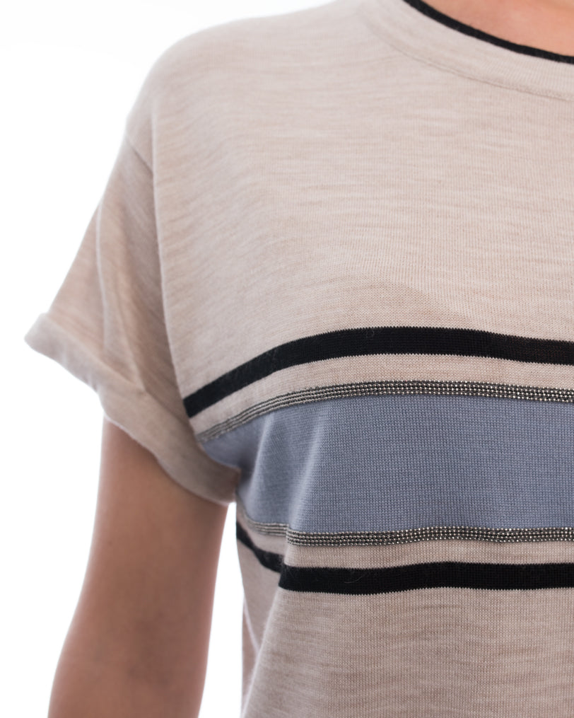 Brunello Cucinelli Oatmeal Blue Striped Short Sleeve Sweater for Men - Casual Summer Knitwear for Office & Weekend Outings