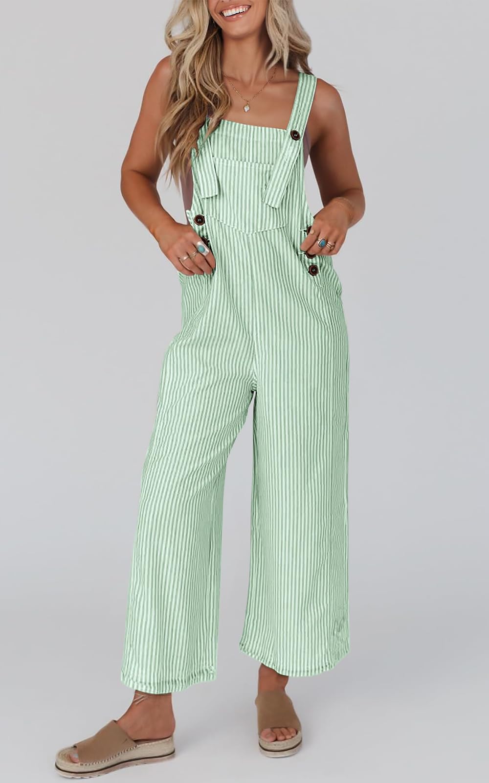 PRETTYGARDEN Women's Sleeveless Wide Leg Jumpsuit - 2025 Summer Casual Striped Button Romper | Trendy Outfit for Beach, Vacation & Everyday Wear
