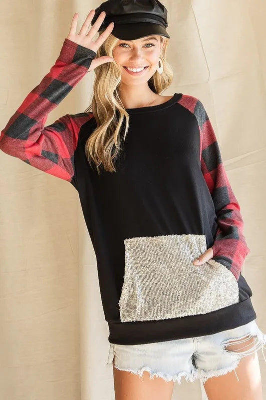 BiBi French Terry Top with Sequins Kangaroo Pocket - Stylish Women's Casual Pullover Sweatshirt for Everyday Wear, Lounge & Outings