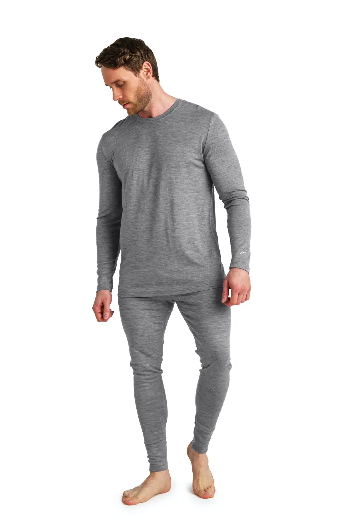 Men's Merino Wool Thermal Underwear Set - 165 GSM Heathered Grey - Base Layer for Winter Hiking, Skiing & Cold Weather Activities