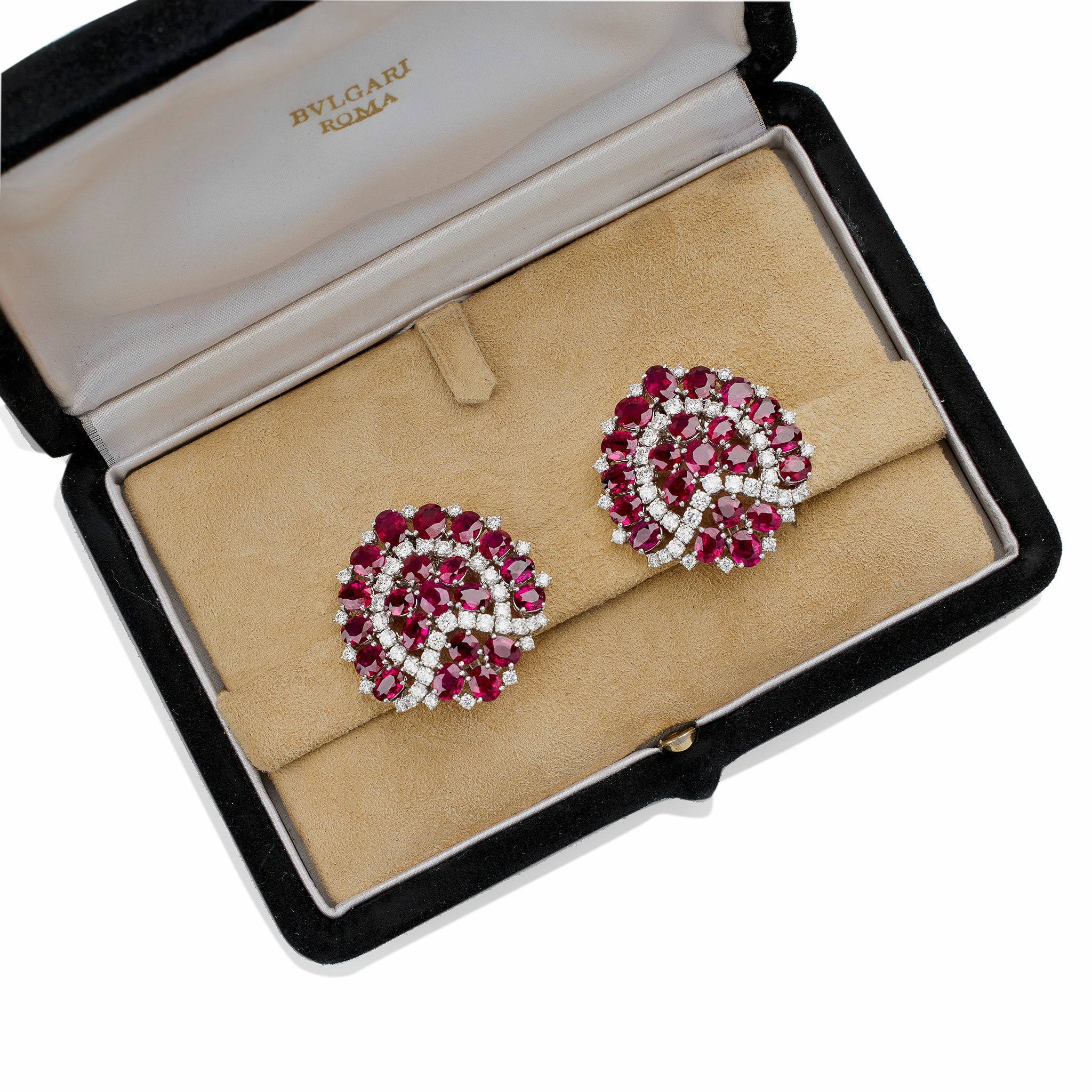 Vintage Bulgari Roma 1960s Burma No Heat Ruby & Diamond Clip-On Earrings | Luxury Antique Jewelry for Weddings, Galas & Special Occasions