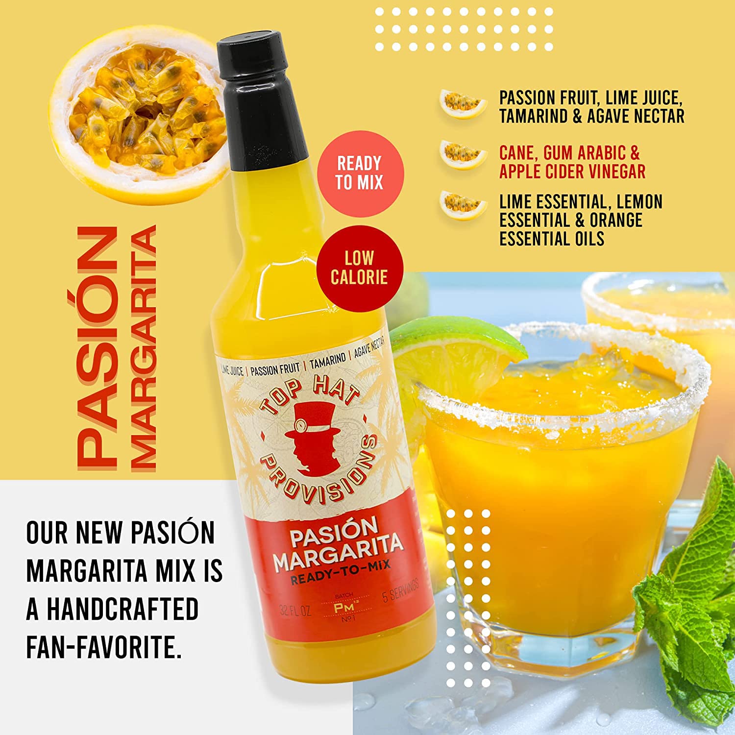 Premium Passion Fruit Margarita Mix - Handcrafted with Real Passion Fruit, Organic Agave Nectar & Lime Juice - Low Calorie Cocktail Mixer - 32oz Bottle - Perfect for Parties, Summer BBQs & Tropical Themed Events